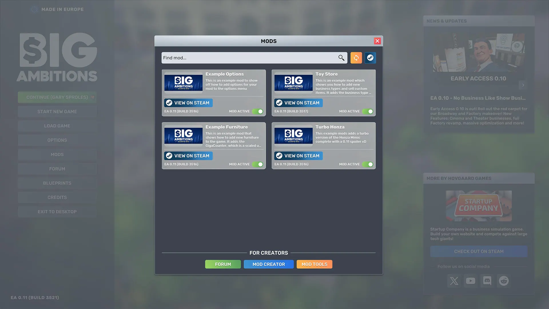 The in-game Big Ambitions Mods browser and Steam Workshop entries
