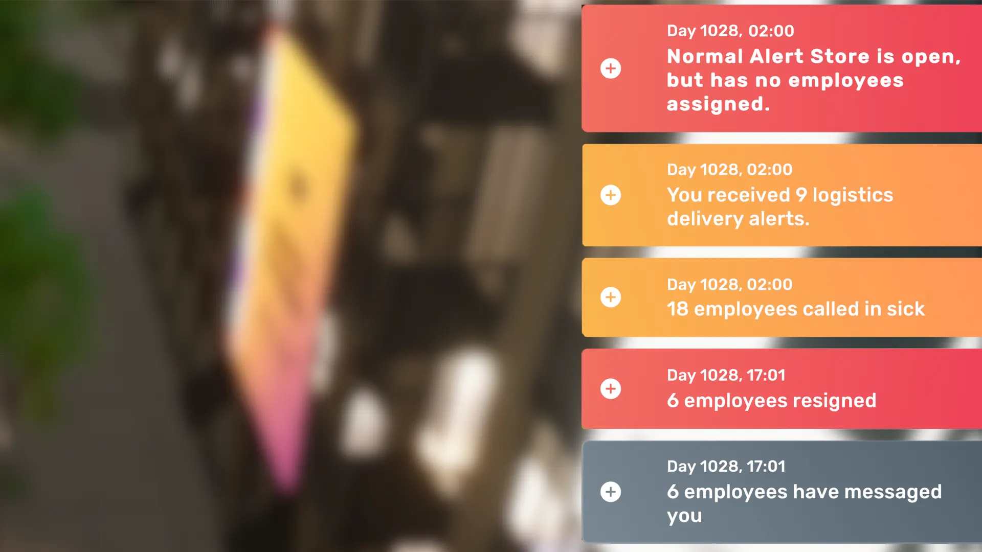 Grouped logistics delivery alerts in the Big Ambitions interface