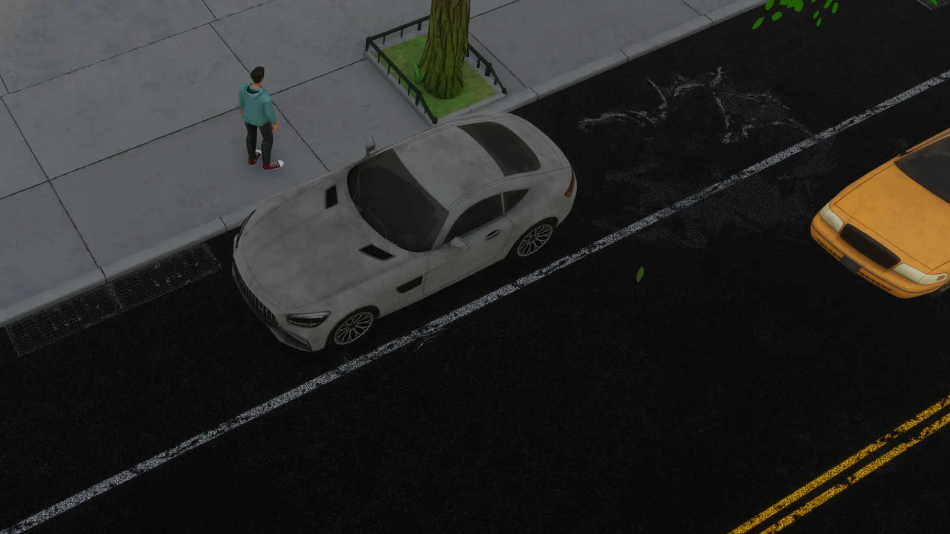 A dirty car on a Big Ambitions street in the official car-wash update